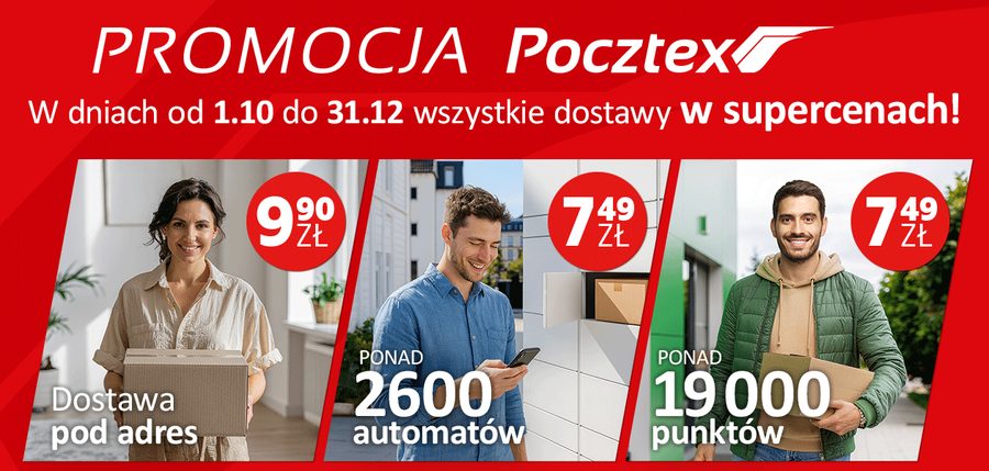 Promocja Pocztex: dostawa pod adres 9,90 zł, automat i punkt 7,49 zł, od 1.10 do 31.12